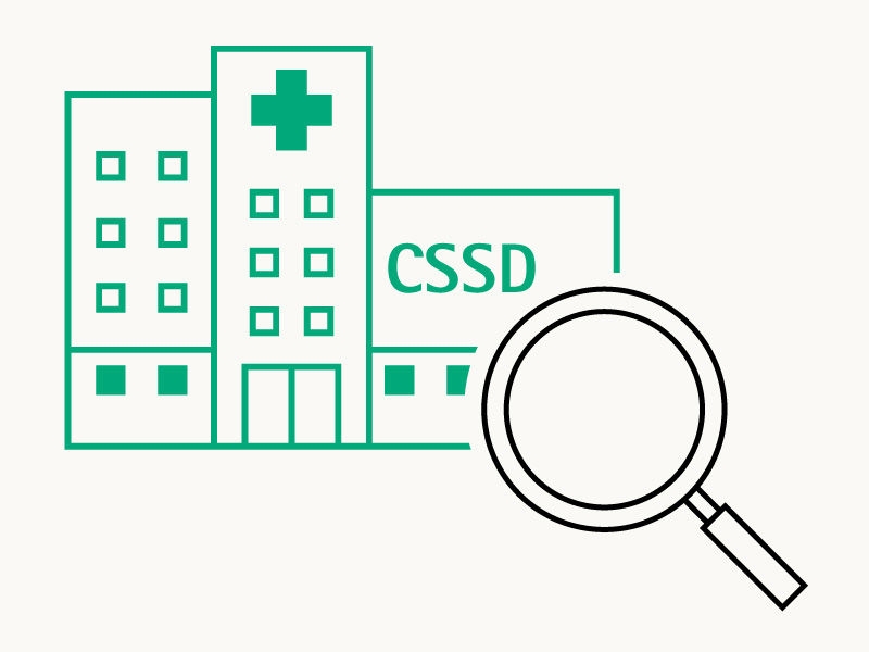 Icon with a magnifying glass and a cssd building