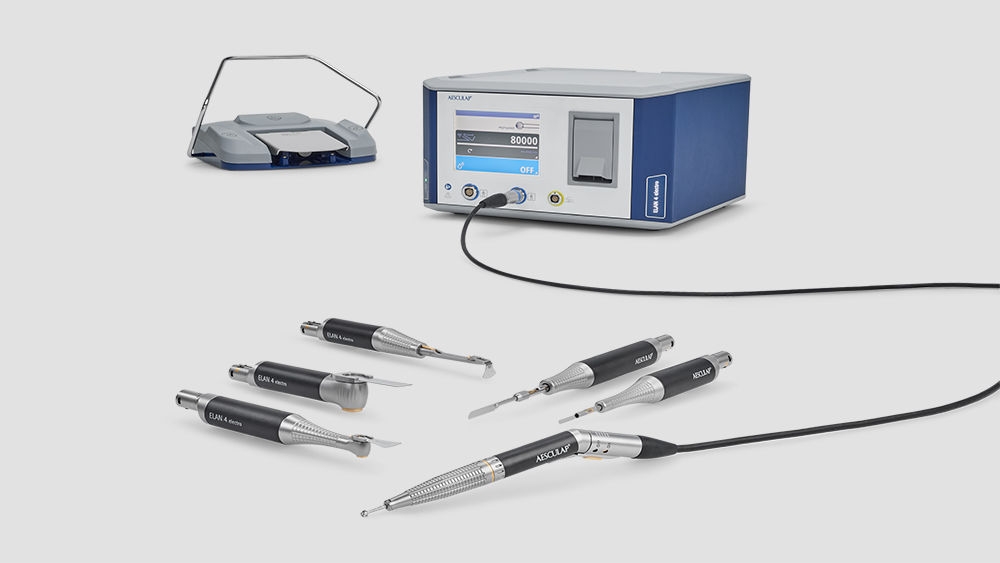 New at the trade fair: Introduction of the new handpiece for the ELAN 4 motor system for OMF surgery. Photo of the device with accessories