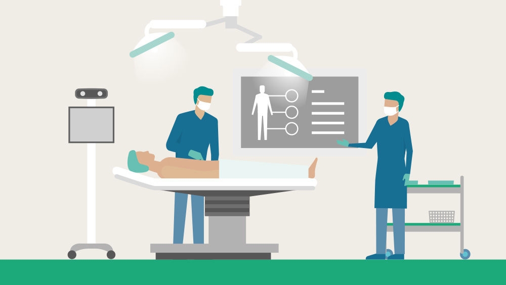 A cartoon of an operating room where a patient is lying on the operating table and two doctors are operating on him.