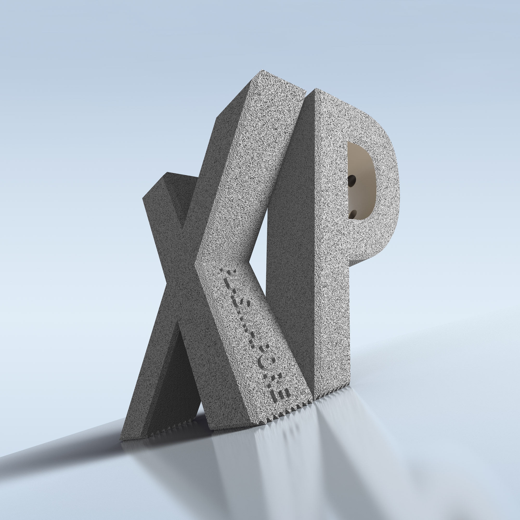 The letters XP are large in gray on a light blue background. The letters XP are large in gray on a light blue background. They stand stably on a diagonal background.