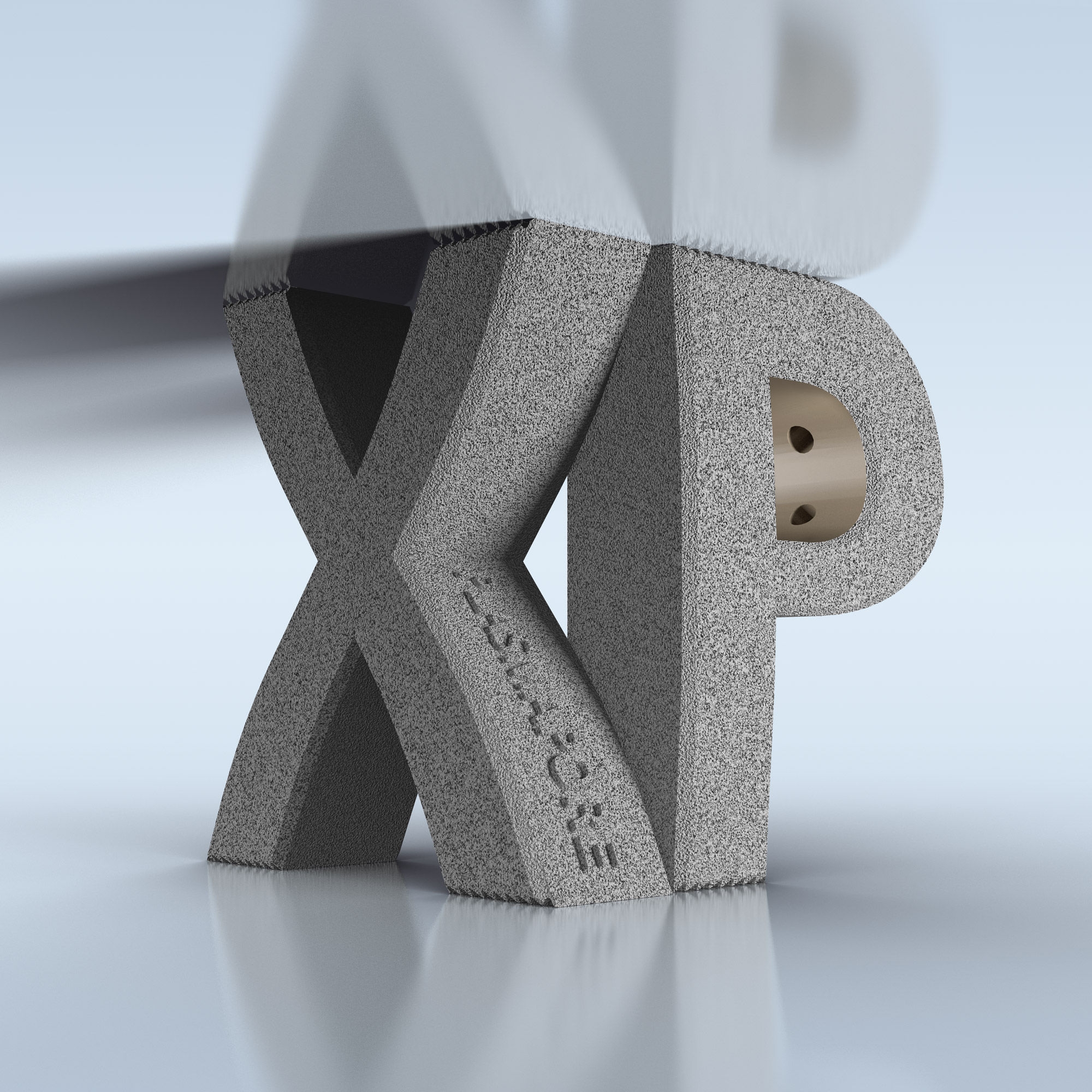 The letters XP are large in gray on a light blue background. They are mirrored from above and below.