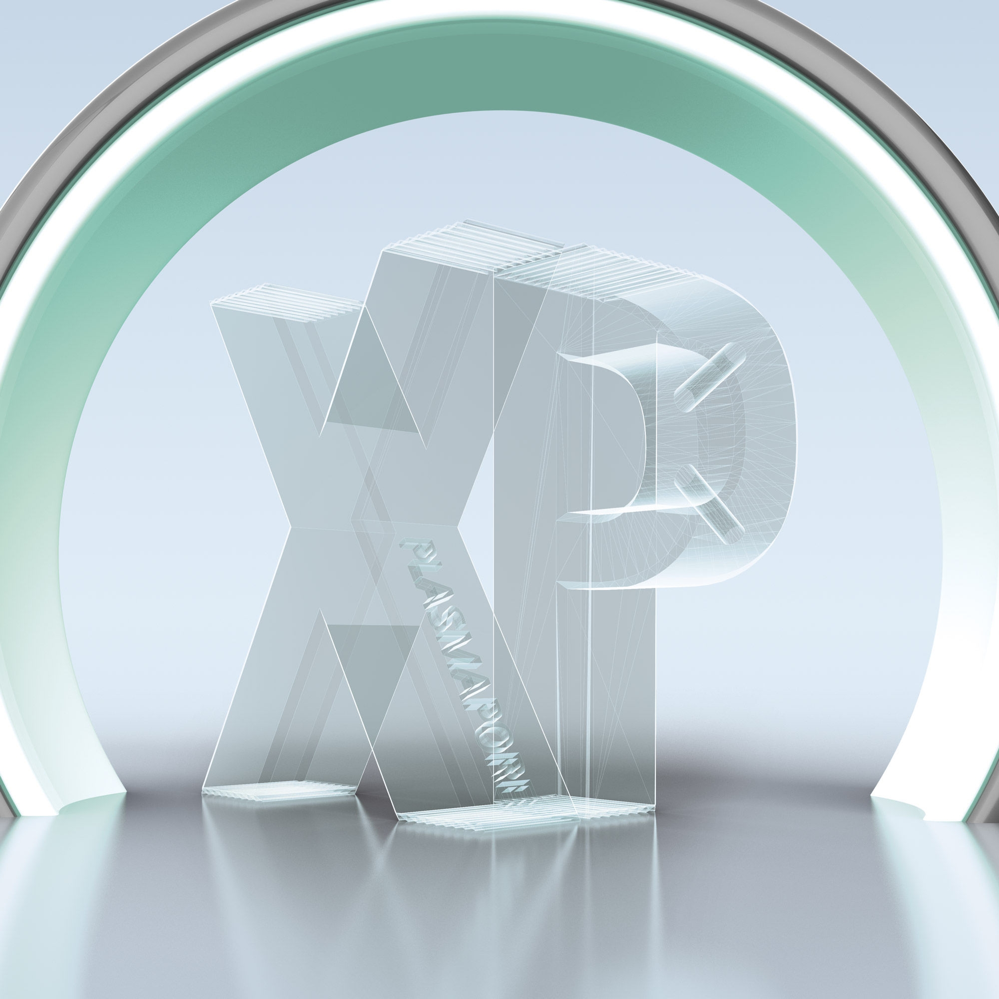 The letters XP are large in light gray on a light blue background with a green round frame.