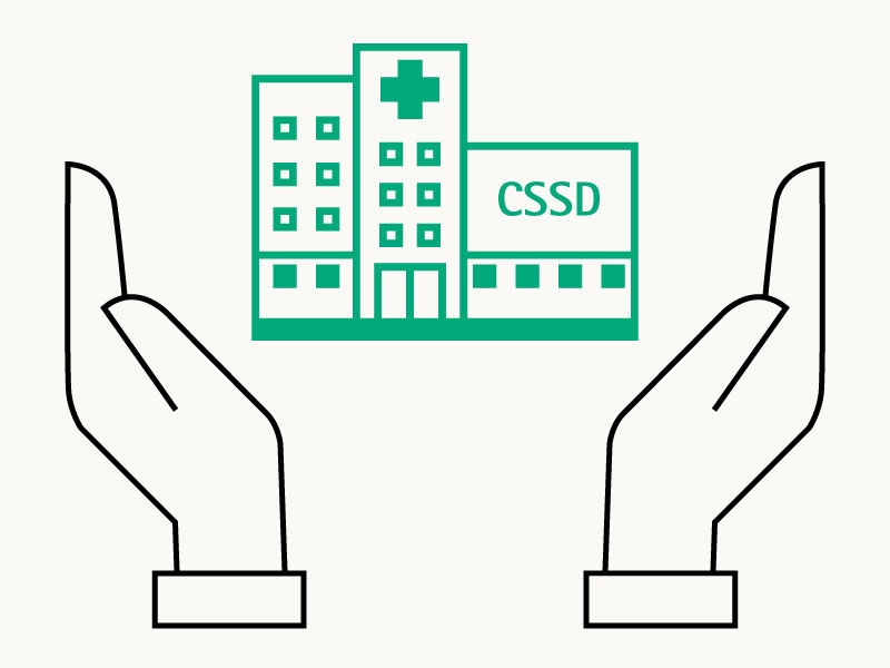 Icon with one with a cssd building and two hands holding it by the side