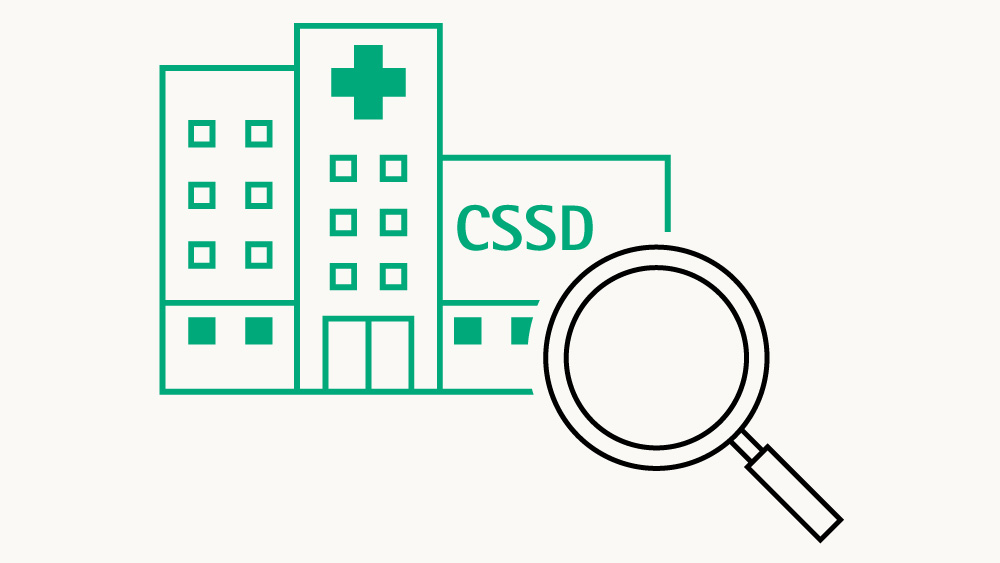 Icon with a magnifying glass and a cssd building